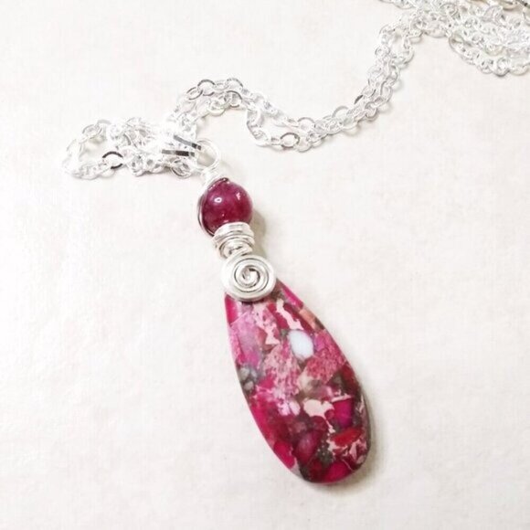 Hot Pink & Rose Pink Sea Sediment Jasper Pendant Necklace! Mature Femininity - Picture 6 of 7